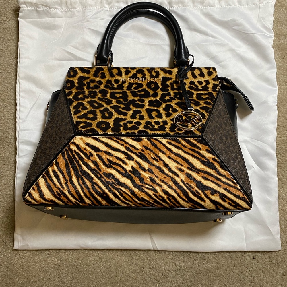 Michael Kors Black and Brown Animal Print Satchel